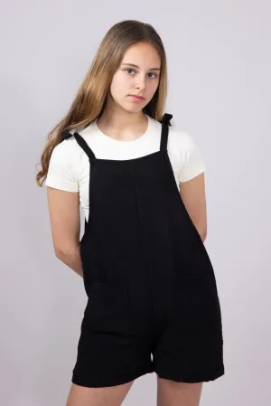 Youth Linen Tie Shoulder Romper for Girls in Black | IDC666G-BAW-BLACK