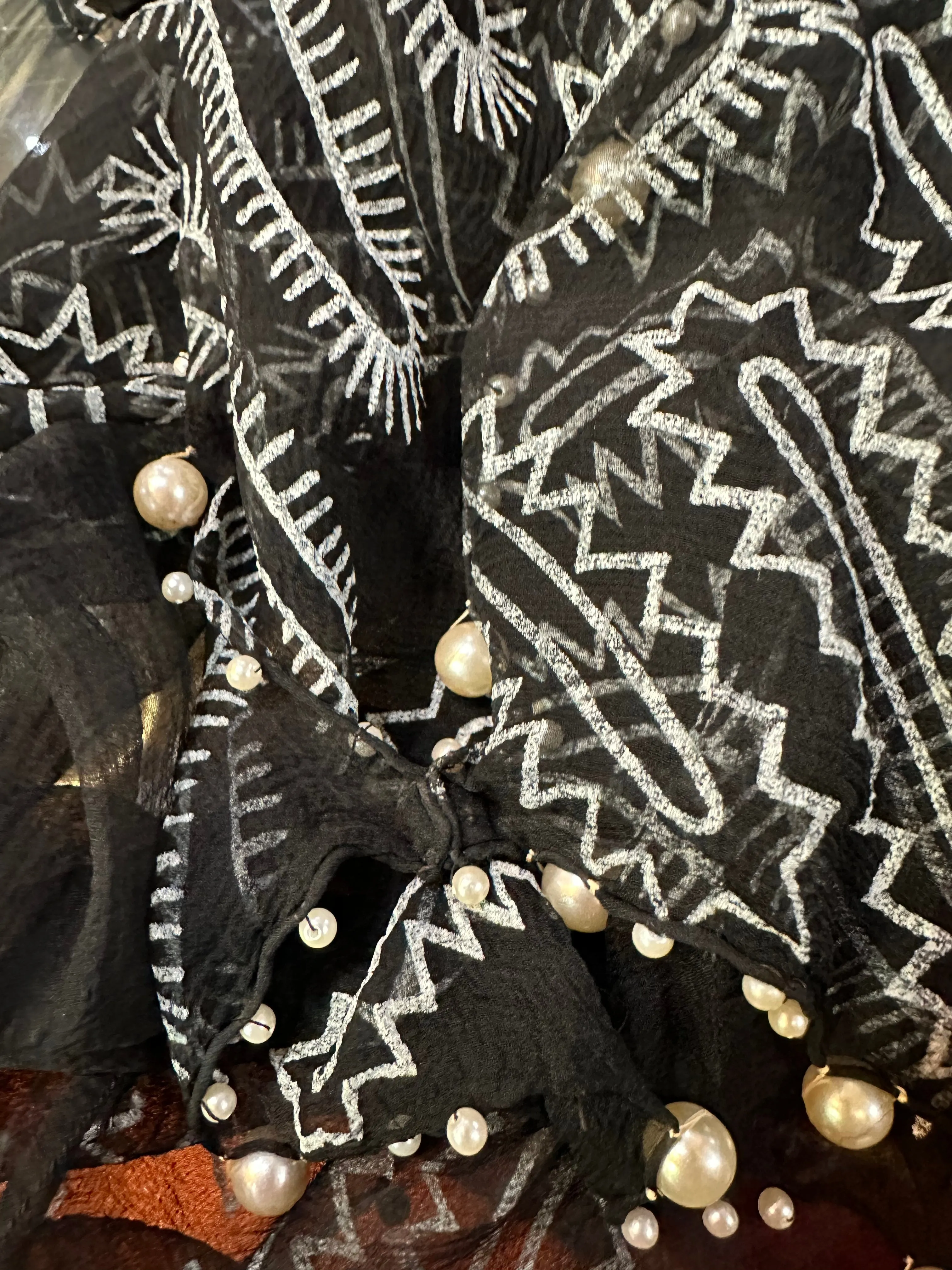 Zandra Rhodes 80s Black Chiffon Dress Trimmed with Pearls and Rhinestones