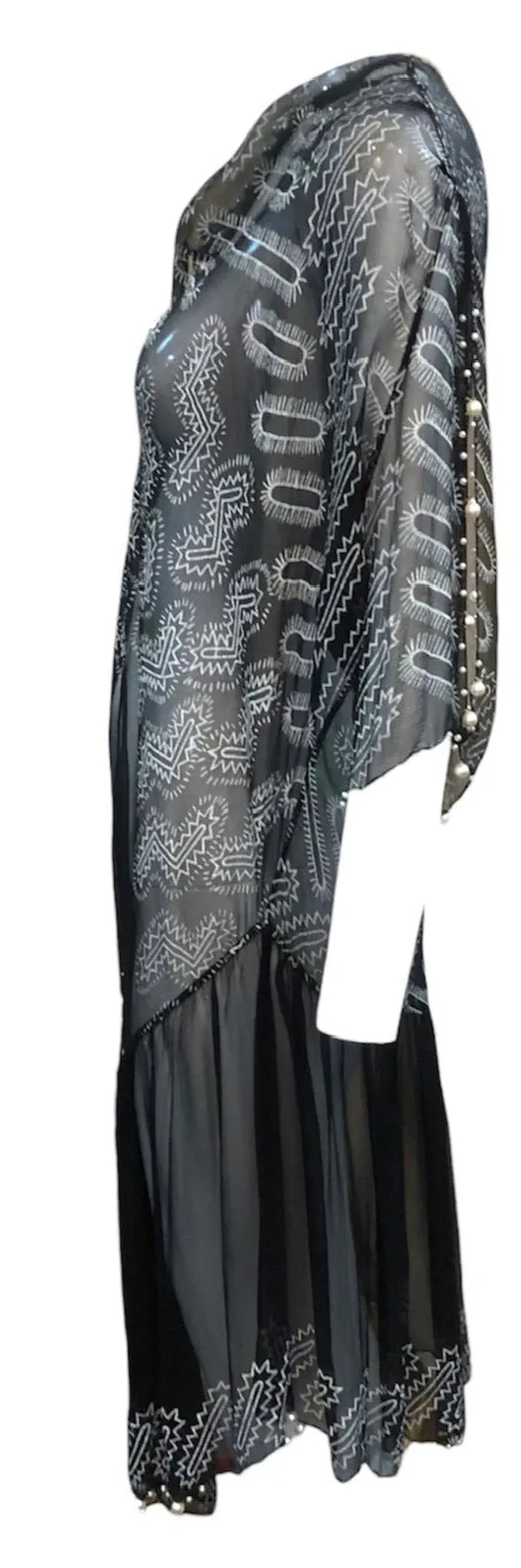 Zandra Rhodes 80s Black Chiffon Dress Trimmed with Pearls and Rhinestones