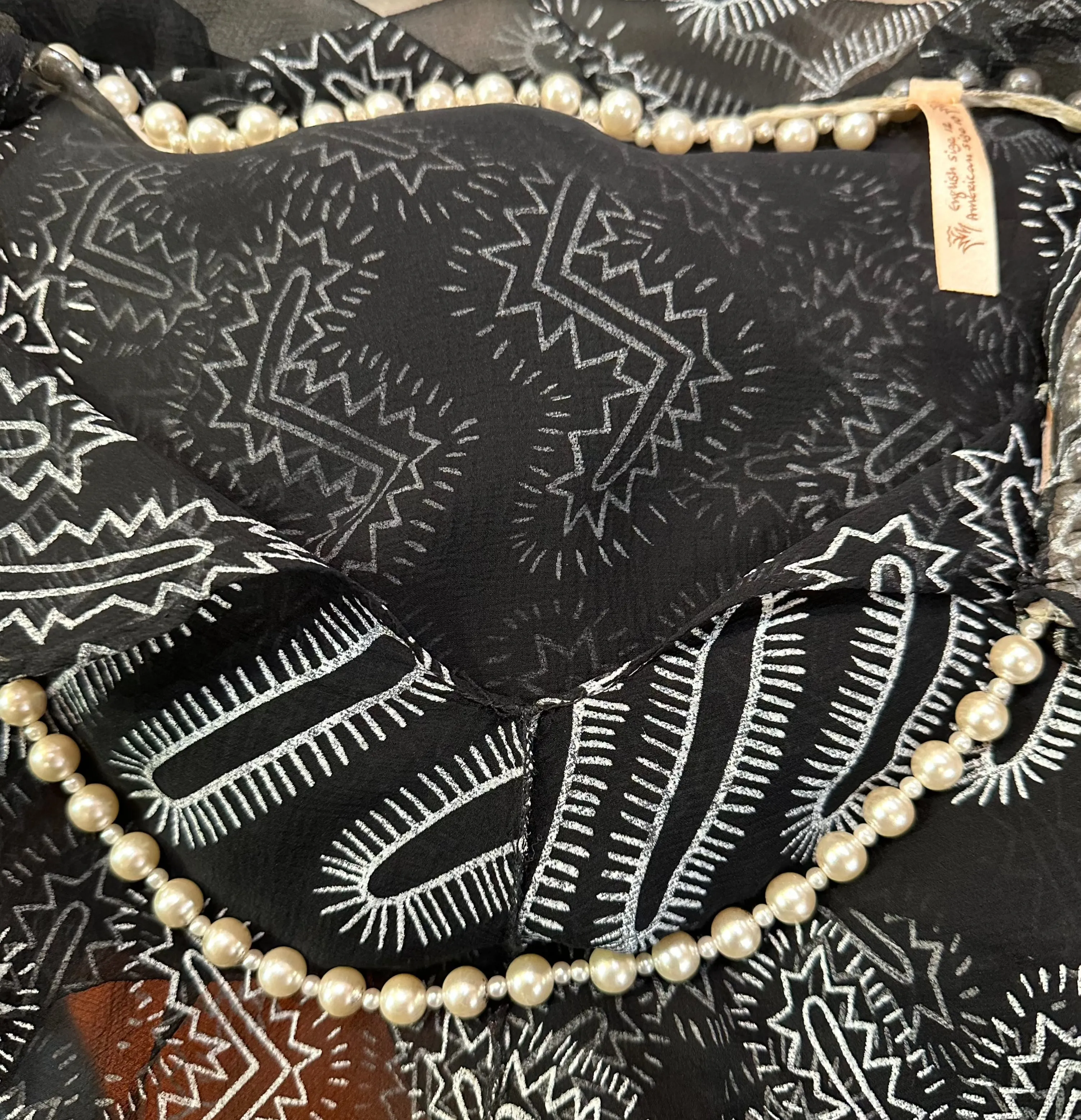 Zandra Rhodes 80s Black Chiffon Dress Trimmed with Pearls and Rhinestones