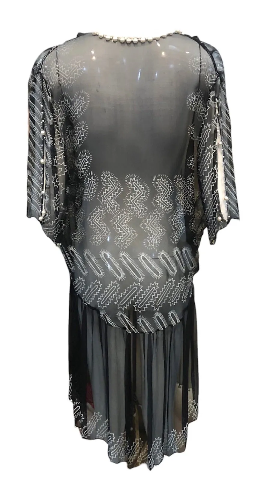 Zandra Rhodes 80s Black Chiffon Dress Trimmed with Pearls and Rhinestones